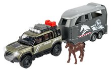 Mașinuță de teren cu remorcă petru cal Land Rover Horse Carrier Majorette 25 cm lungime cu sunete și lumini