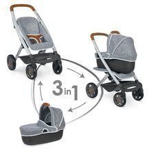 Cărucior adânc și sportiv DeLuxe Maxi Cosi&Quinny Grey Smoby 3în1 cu coș bebe gri pentru păpușă