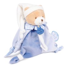 Plyšový medvedík s klipom na cumlík Ours Petit Chou Doudou Dummy Holder Doudou et Compagnie v darčekovom balení modrý 17 cm od 0 mes