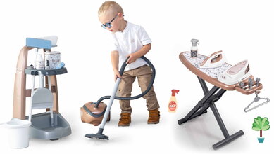 Úklidový vozík a elektronický vysavač Rowenta Vacuum Cleaner Smoby s realistickým zvukem se smetákem lopatkou a 9 doplňky