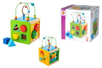 Drevená didaktická kocka Play and Learning Cube Eichhorn s vkladacími kockami a labyrint s korálikmi od 12 mes EH3457