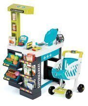 Obchod Supermarket Smoby elektronický s váhou, pokladňou, potravinami a 41 doplnkami tyrkysový