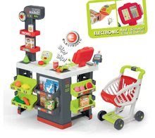 Obchod s vozíkom Supermarket Smoby červený s elektronickou pokladňou a skenerom, váhou a 42 doplnkov