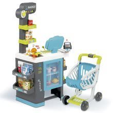 Supermarket cu vitrină frigorofică Fresh City Market Smoby cu casă de marcat electronică, scanner cu cititor de cod de bare și 34 de accesorii