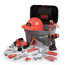 Valiză de lucru cu mașină de găurit mecanică Black+Decker Toolbox Smoby cu cască de protecție și mașinuță de jucărie pliabilă, 50 de accesorii de la 3