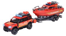 Mașină de pompieri cu remorcă și barcă Land Rover Fire Rescue Majorette din metal cu sunete și lumini 22 cm lugime