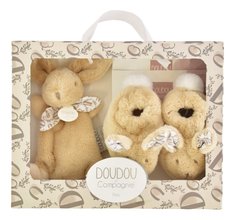 Darčeková sada pre bábätko Slipper Gift Set Beige Lapin Doudou et Compagnie papučky a zajačik na maznanie béžová 15 cm v darčekovom balení od 0 mes DC