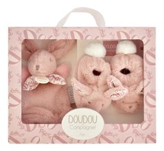 Darčeková sada pre bábätko Slipper Gift Set Pink Lapin Doudou et Compagnie papučky a zajačik na maznanie ružová 15 cm v darčekovom balení od 0 mes DC4