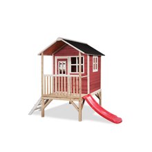 Căsuță din cedru pe piloni Loft 300 Red Exit Toys cu acoperiș impermeabil și tobogan roșie
