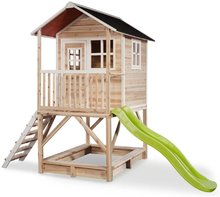 Domček cédrový na pilieroch Loft 500 Natural Exit Toys s vodeodolnou strechou pieskoviskom a 1,75 m šmykľavkou prírodný