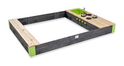 Homokozó konyhával folyó vízzel Aksen Wooden Sandpit Exit Toys térfogata 440 kg konyhai kiegészítőkkel 200*140 cm 3 évtől ET52052006