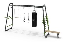Multifunkčná preliezka GetSet monkeybar MB330 Exit Toys rozšíriteľná s gymnastickými kruhmi boxovacím vrecom bradlami hrazdou a benchpress lavičkou ET