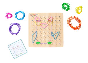Dřevěná geometrická deska s hřebíčky Montessori Geo Board Eichhorn s 30 barevnými gumičkami a 24 karet s úkoly od 4 let