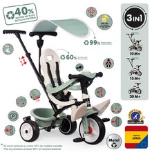 Tricikli és babakocsi egyben magas háttámasszal Baby Balade Tricycle Life Smoby napellenzővel fékkel és halk EVA kerekekkel zöld 10 hó-tól