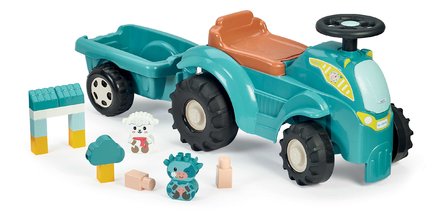 Odrážadlo traktor s prívesom BB Abrick Écoiffier s úložným priestorom pod sedadlom a otáčateľnými kolesami a kockami 15 dielov od 12 mes