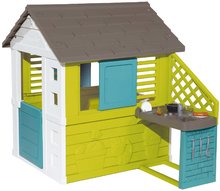 Căsuță cu bucătărie Pretty New Grey Playhouse&Kitchen Smoby și 2 geamuri cu obloane și uși mici cu filtru UV de la 2 ani