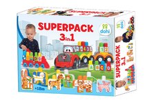 Joc de construit trenuleț cu tractor și animăluțe Superpack 3in1 Dohány cuburi mari cu imprimeu de la 18 luni