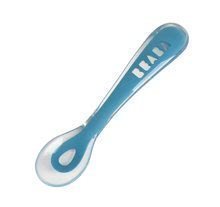 Linguriţă 2nd age training spoon Beaba Blue 13 cm din silicon moale pentru hrănire individuală albas