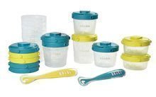 Set 12 dóz na jedlo Beaba Clip s lyžičkami zo silikónu 2x60ml, 4x120 ml a 6x200 ml modrá a neónová