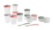 Set 12 recipiente pentru mâncare Beaba Expert Meal & Food Storage Pack Eucalyptus 12 clip și 2 lingurițe din silicon roz