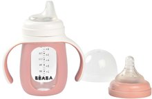 Láhev Bidon na učení pití 2v1 Learning Bottle 210ml Pink Beaba s růžovým silikonovým obalem od 4 měsíců