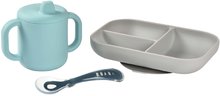 Étkezőgarnitúra bögrével és kanállal Silicone learning set Beaba csecsemőknek enni tanulok készlet 8 hó kék BE913526