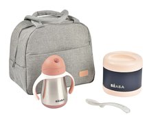 Set de luat masa On-the-go Mealtime Beaba Old Pink cu geantă termică și cană cu termos pentru mâncare și lingură pentru hrănire gri-roz de la 8 luni B