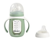 Sticlă Bidon pentru a-i învăța pe copii să bea 2in1 Training Bottle Beaba Sage Green 210 ml cu husa din silicon, verde de la 4 luni BE913537