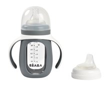 Sticlă Bidon pentru a-i învăța pe copii să bea 2in1 Training Bottle Beaba Mineral Grey 210 ml cu husa din silicon, gri de la 4 luni BE913538