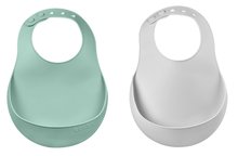 Bavete pentru copii Silicone Bib Beaba Light Mist & Sage Green din silicon moale si nasturi 2 bucati de la 4 luni BE913542