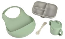 Étkezőgarnitúra Silicone Meal Essentials Set Beaba bögrével tányérral kanállal és előkével zöld-szürke 8 hó-tól BE913556