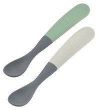 Lingurițe ergonomice 1st Age Silicone Spoons Mineral Grey Sage Green Beaba din silicon pentru hrănire independentă în cutie 2 bucăți de la 4 luni