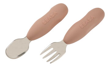 Prvý detský príbor Stainless Steel Pre-Cutlery Praline Beaba vidlička a lyžička hnedý od 10 mes BE913595