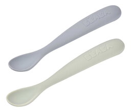 Prvé tréningové lyžičky First Age Silicone Spoons Nature Duo Beaba zo silikónu na samostatné jedenie v praktickom obale 2 kusy zeleno-modré od 4 mes B
