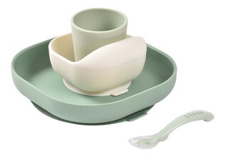 Jedálenská súprava Silicone Meal Set Sage Green Misty Green Beaba zo silikónu 4 dielna zeleno-béžová od 4 mes
