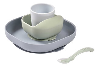 Jedálenská súprava Silicone Meal Set Pebble Beaba zo silikónu 4 dielna zeleno-sivá od 4 mes