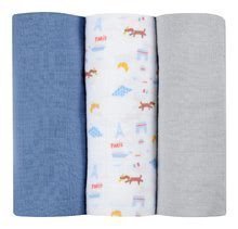 Scutece textile din bumbac muselină Cotton Muslin Cloths Beaba Paris set 3 bucăți 70*70 cm de la 0 luni albastre