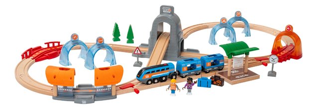 Drevená vláčikodráha s interaktívnymi tunelmi Smart Tech Sound Action Tunnel Travel Set BRIO elektronický vláčik so svetlom a nahrávaním zvukov s prip