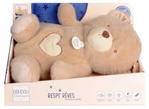 Plyšový medvedík s pohybmi dýchania Bear Breathing Plush Respi'rêves Doudou et Compagnie so svetlom bielym šumom a hudbou hnedý 28 cm od 0 mes DC4684