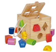 Cub didactic din lemn Shape Sorting Cube Eichhorn cu 12 cuburi care se pot intoduce de la 12 luni