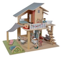 Drevený domček pre bábiky Doll´s House with Furnitures Eichhorn poschodový so 4 izbami 3 figúrkami a nábytkom výška 44 cm