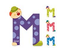 Drevené písmeno M Clown Letter Janod lepiace 9 cm modré/zelené/fialové/ružové