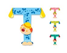 Drevené písmeno T Clown Letter Janod lepiace 9 cm zelené/ružové/modré/tyrkysové