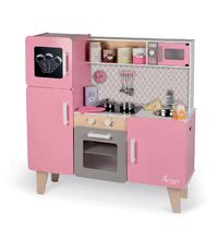 Drevená kuchynka Macaron Big Cooker Janod elektronická, so zvukom a svetlom a 15 doplnkami ružová