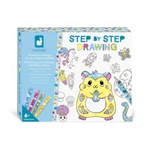 Kreatívna sada Kreslenie krok za krokom Drawings and Colourings with Glitter Markers Step by Step Janod s fixkami od 6 rokov J09157