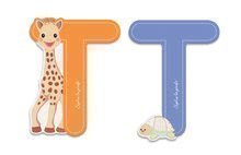 Drevené písmeno T Sophie The Giraffe Janod lepiace 7 cm oranžové/modré