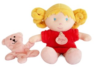 Bábika pre bábätká Mrs Corail My First Doll Jolijou 21 cm v červených šatách so psíkom z jemného textilu od 0 mes