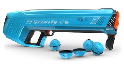 Vodný granátomet s farebným LED displejom SpyraGravity Blue Spyra s integrovanou batériou s USB-C nabíjaním a 4 vodné granáty s dostrelom 16 m SPGR1B