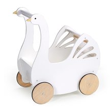 Drevený kočík labuť Sweet Swan Pram Tender Leaf Toys s textilným vankúšom a perinkou pre 36 cm bábiku od 18 mes