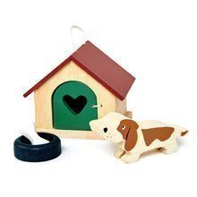 Cușcă din lemn cu câine Pet Dog Set Tender Leaf Toys și bol